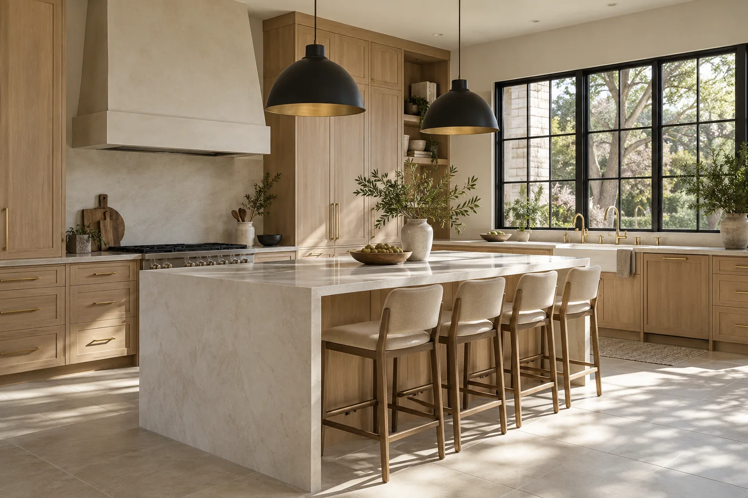 AI kitchen concept with a wood island and coordinated finishes